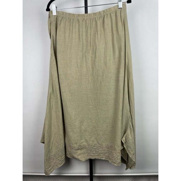 Lisa Z Tan 100% Linen Embroidered Handkerchief Hem Midi Lagenlook Skirt Size S - Picture 5 of 6